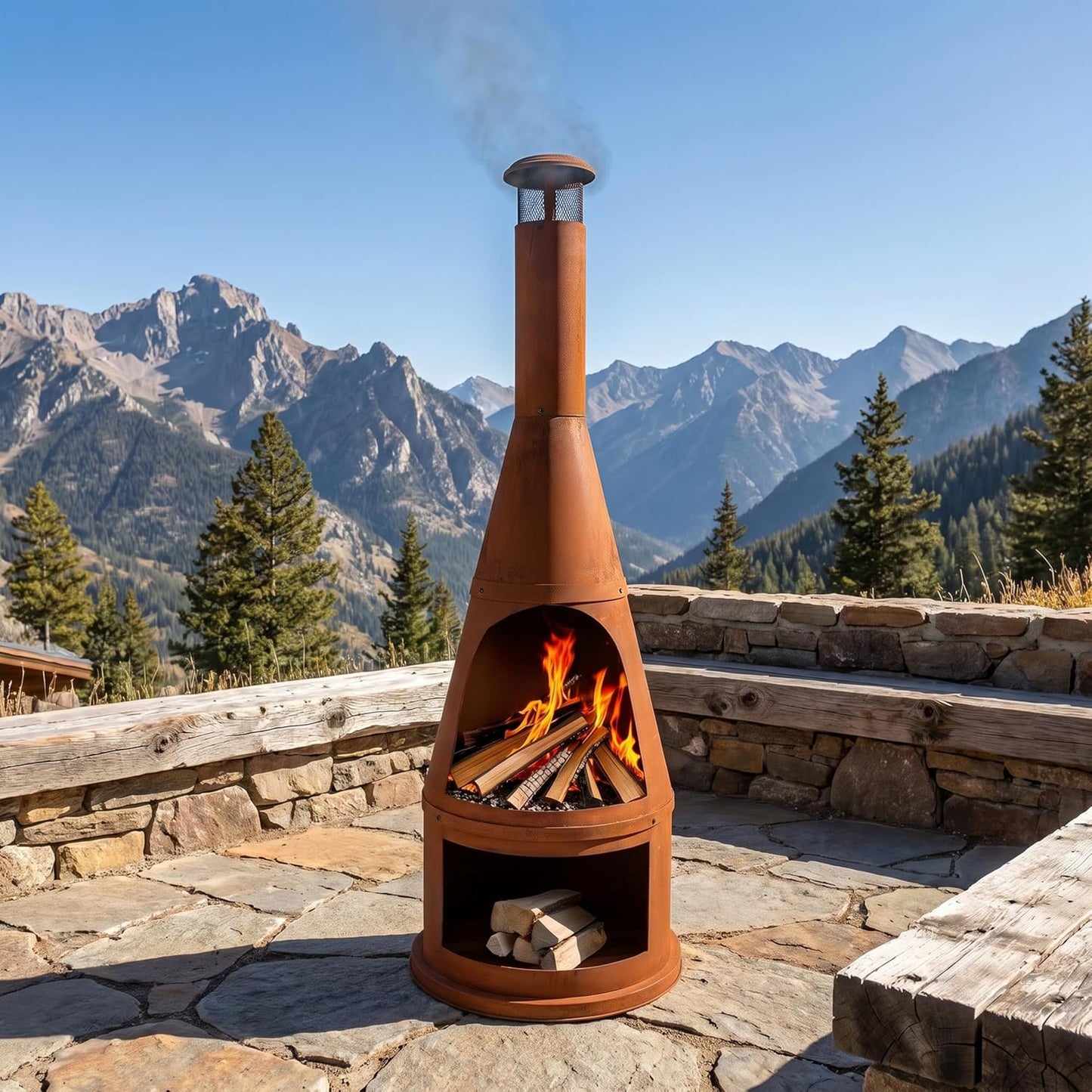 Sunnydaze 70" Tall Wood-Burning Outdoor Chiminea Fire Pit with Built-In Log Holder - Steel Large Chiminea Outdoor Fireplace for Patio or Backyard - Rustic