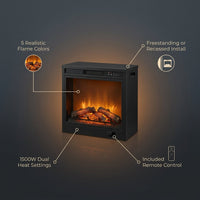 20 In. 1500-Watt Freestanding and Recessed Heater Electric Fireplace Log Flame Remote in Black — infographic