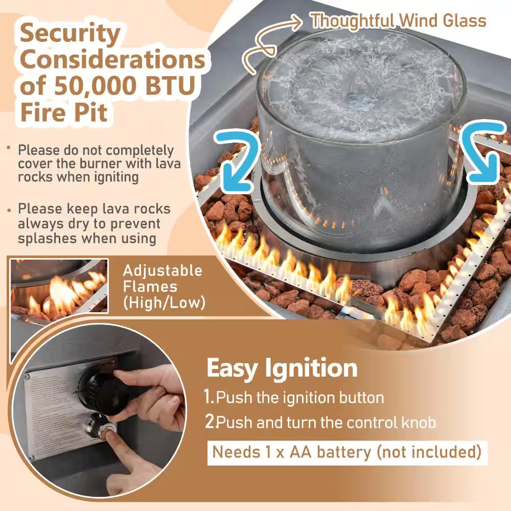 28 In. 50,000 BTU Square Propane Fire Pit Table with PVC Cover, Gray