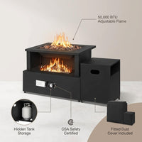 40.5" Outdoor Propane Fireplace with Tank Storage and Dust Cover-50,000 BTU Smokeless Gas Fire Pit with CSA Certified and Adjustable Flame for Patio Backyard Outdoor Heating & Decoration — infographic