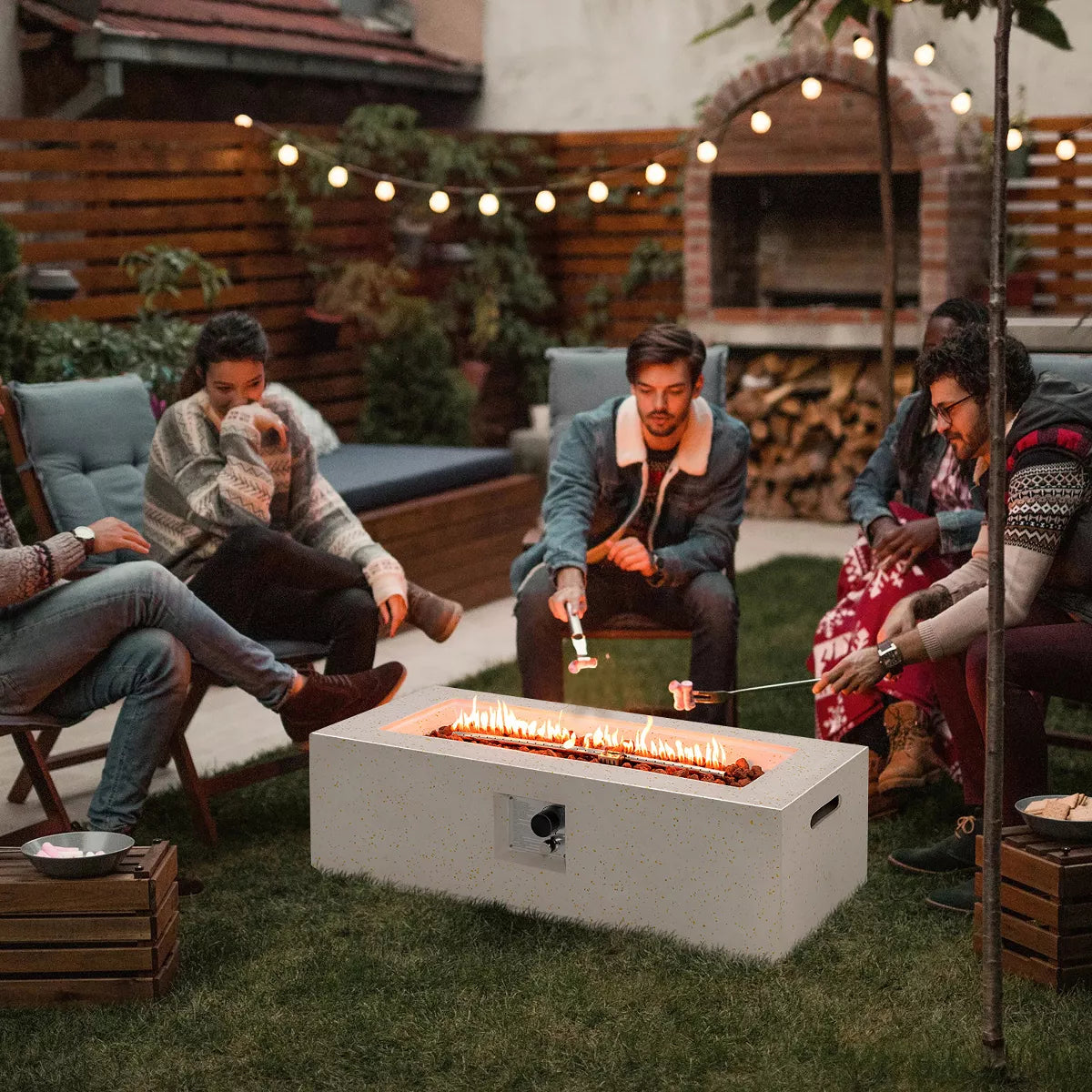Costway 42'' Terrazzo Fire Pit Table 50,000 BTU Rectangle Propane Fire Pit with PVC Cover