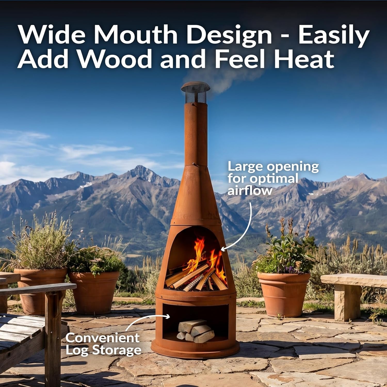 Sunnydaze 70" Tall Wood-Burning Outdoor Chiminea Fire Pit with Built-In Log Holder - Steel Large Chiminea Outdoor Fireplace for Patio or Backyard - Rustic