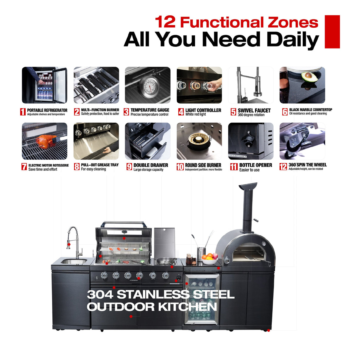 Black 112-Inch Stainless Steel Gas Outdoor Kitchen Barbecue Grill