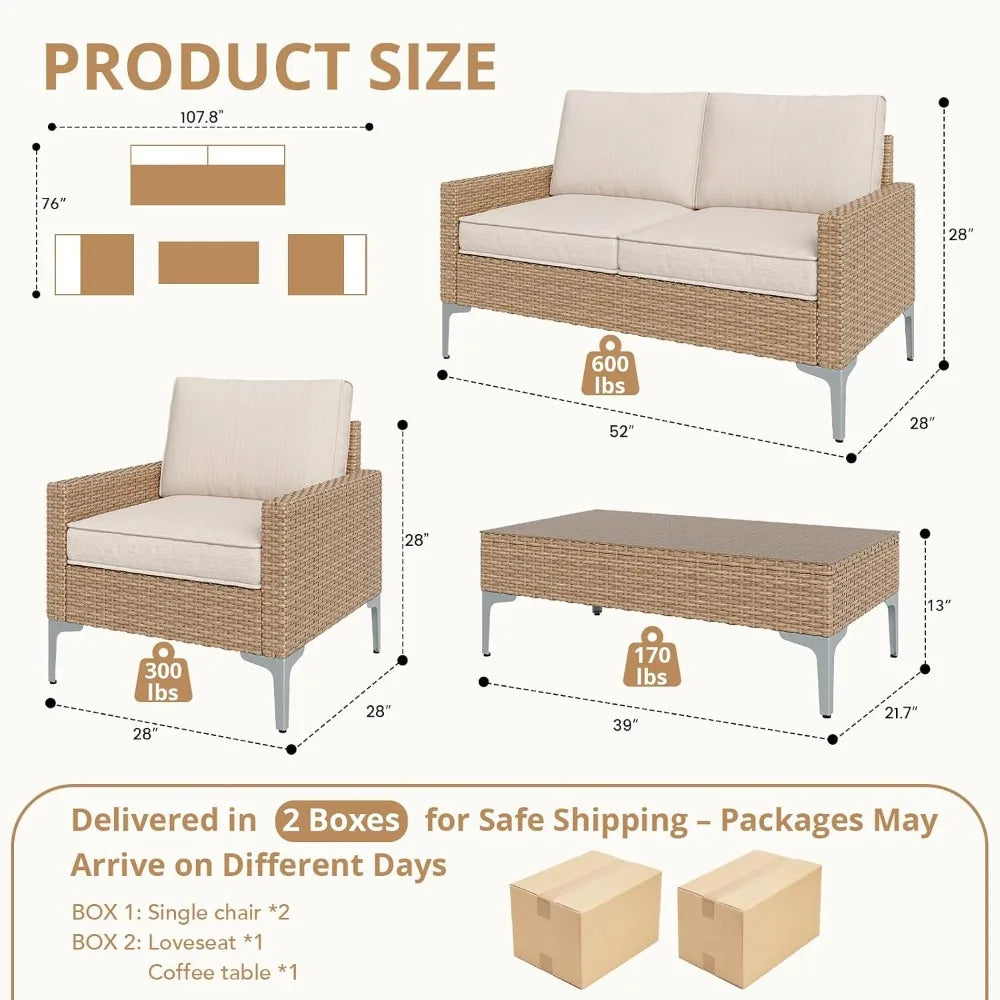 4-Piece Patio Furniture Set, Outdoor Wicker Sectional Sofa with Coffee Table, Anti-Slip & Thick All-Weather, Customized