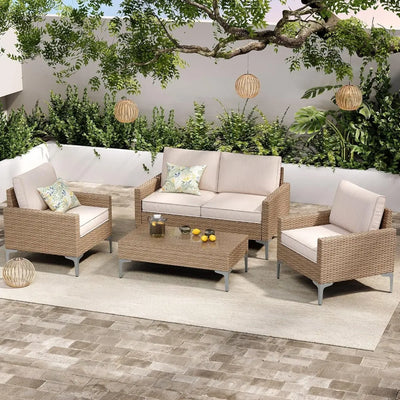 4-Piece Patio Furniture Set, Outdoor Wicker Sectional Sofa with Coffee Table, Anti-Slip & Thick All-Weather, Customized