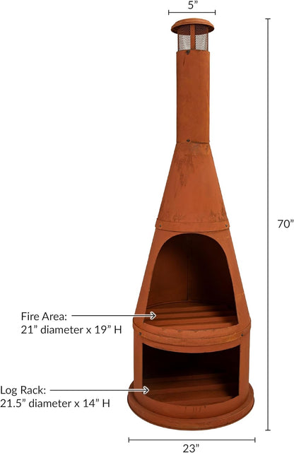 Sunnydaze 70" Tall Wood-Burning Outdoor Chiminea Fire Pit with Built-In Log Holder - Steel Large Chiminea Outdoor Fireplace for Patio or Backyard - Rustic
