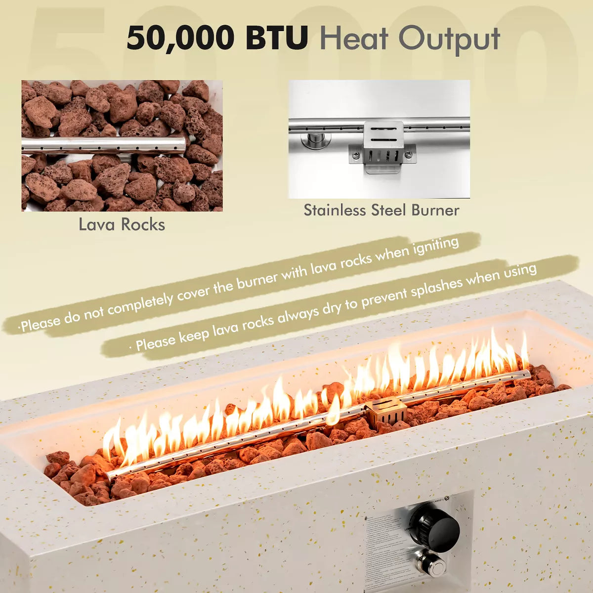 Costway 42'' Terrazzo Fire Pit Table 50,000 BTU Rectangle Propane Fire Pit with PVC Cover