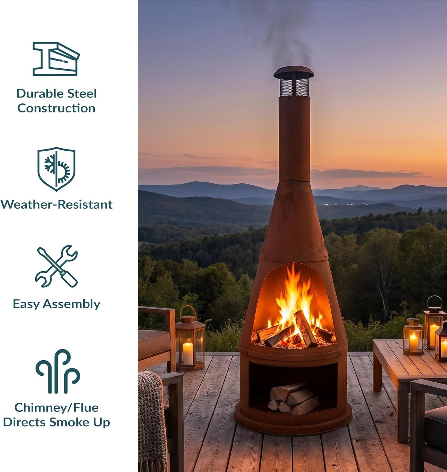 Sunnydaze 70" Tall Wood-Burning Outdoor Chiminea Fire Pit with Built-In Log Holder - Steel Large Chiminea Outdoor Fireplace for Patio or Backyard - Rustic