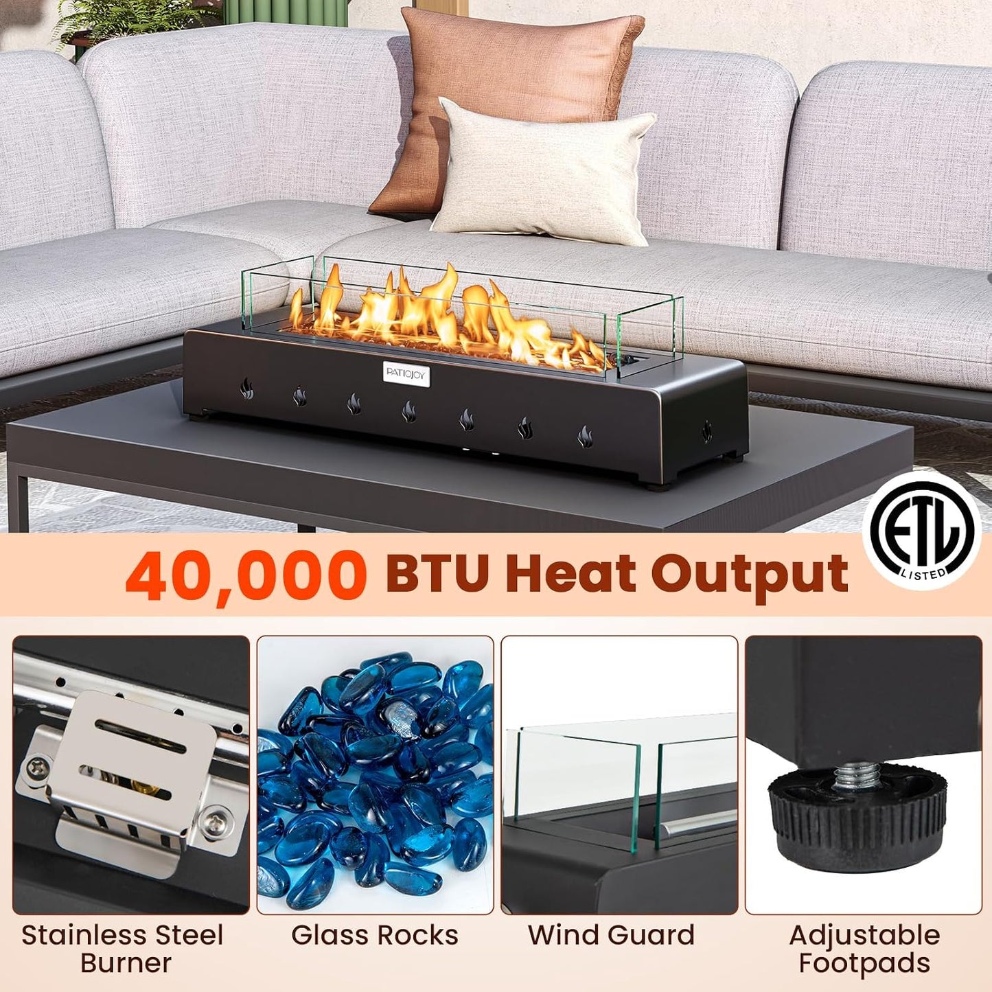 30 Inch Tabletop Propane Fire Pit, Portable Mini Fireplace with Wind Guard & Stainless Steel Burner, 40,000 BTU Metal Fire Pit with Glass Rocks & Cover for Patio, Camping